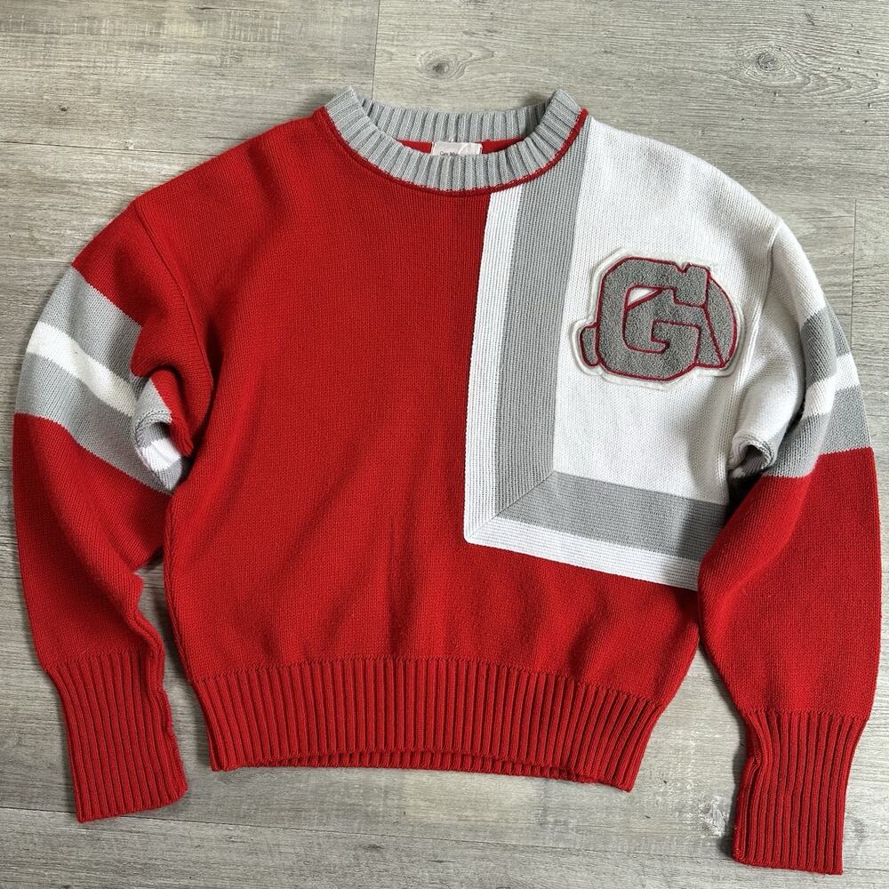 Vintage Red White Gray Colorblock Letterman Crewneck Pullover Sweater S